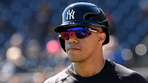 Feb 20, 2024; Tampa, FL, USA; New York Yankees outfielder Juan Soto (22) walks off the field after running the bases at George M. Steinbrenner Field.